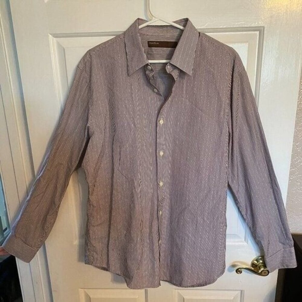 Perry Ellis Dress Shirt Mens Size L White & Brown Long Sleeve